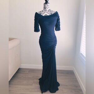 Tadashi Shoji Asymmetric Ruched Sleeve Gown Dress with Train Navy Blue XS S